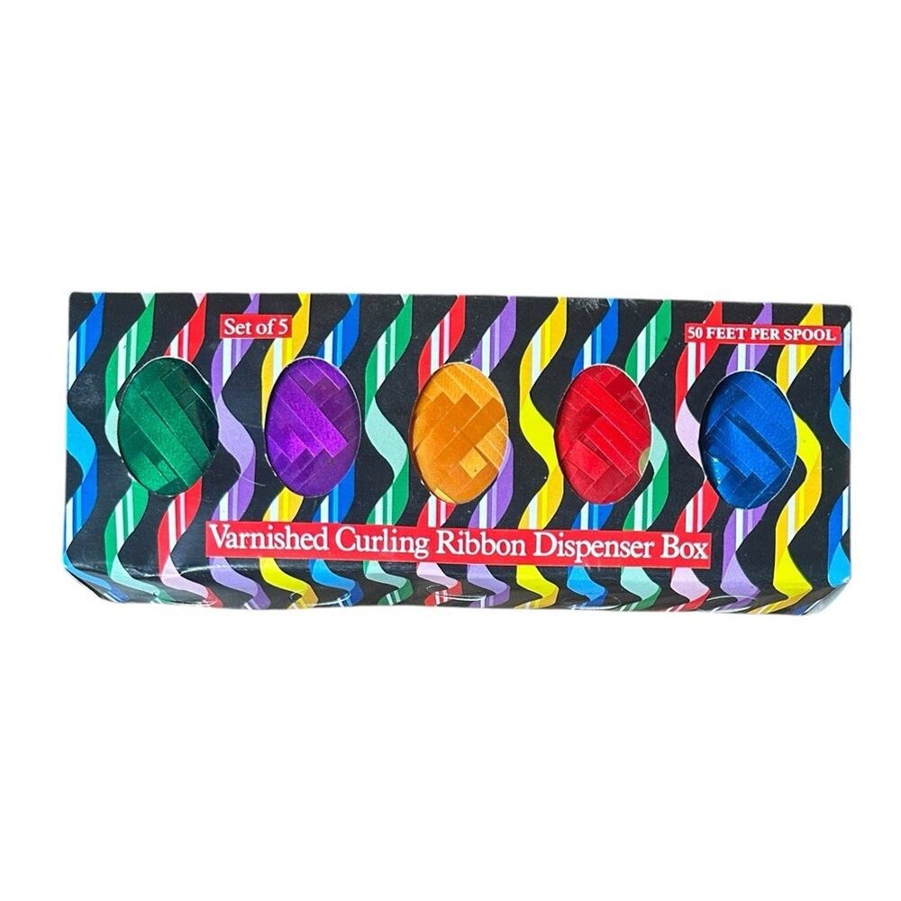 Vintage‎ Christmas Gift CURLING RIBBON With Dispenser Box 5 Brilliant Colors NEW